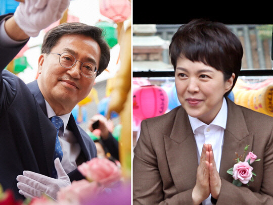 불기 2566년 석가탄신일을 맞은 8일 경기도내에서 사찰 방문 행보를 소화한 김동연(왼쪽부터) 더불어민주당 경기도지사 후보와 김은혜 국민의힘 경기도지사 후보.<김동연 후보 페이스북, 김은혜 후보 캠프 제공 사진 갈무리>